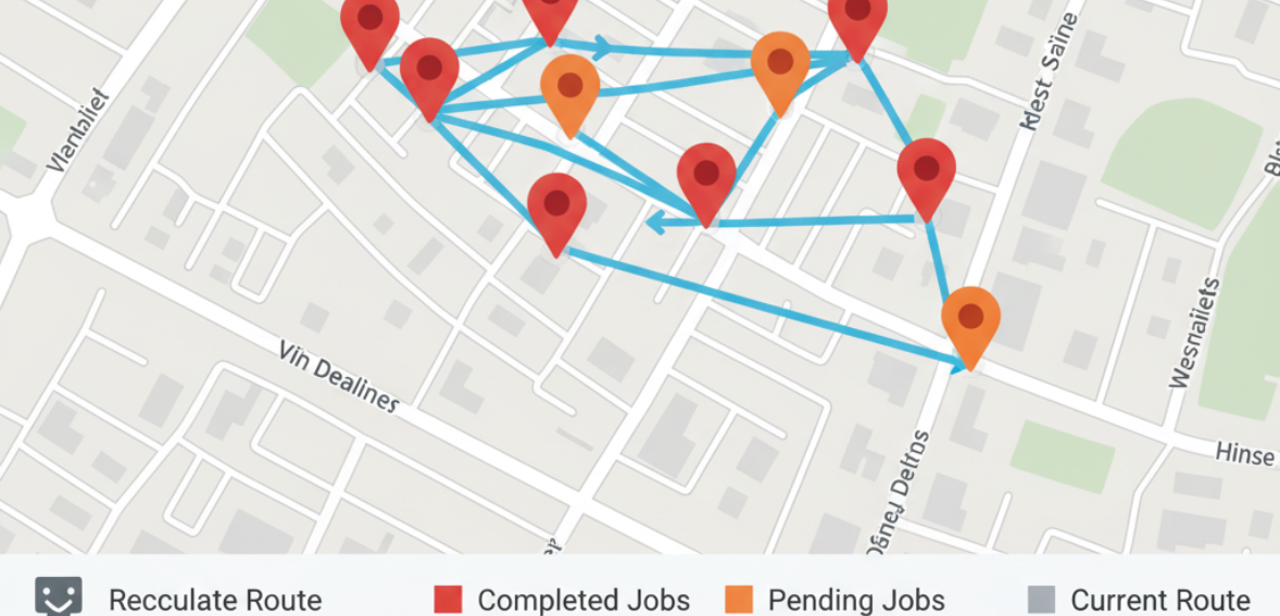 Route planning map used in mobile auto detailers scheduling to cluster jobs by location.