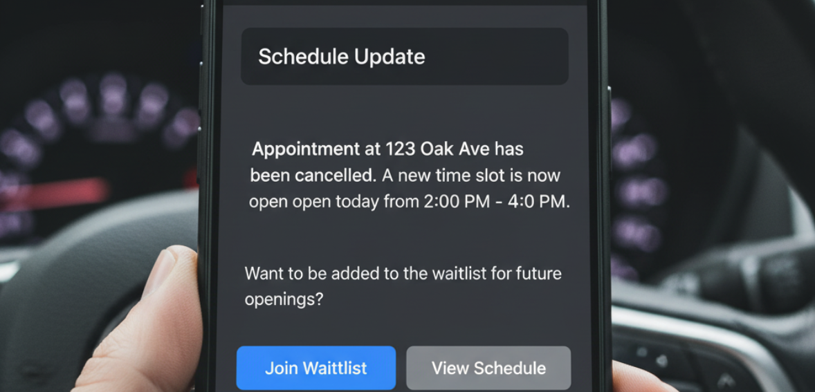 mobile auto detailers scheduling app sending notification to fill open time slots after cancellations.