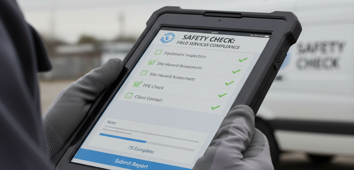 Technician completing electronic inspection forms during daily checks.