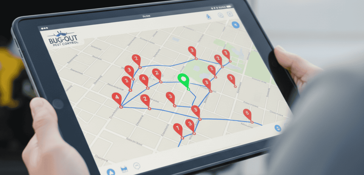 Route planning and optimization for technicians displayed through pest control scheduling software.