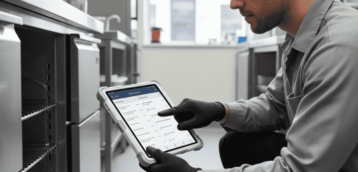 Technician accessing service history and checklists through a field service mobile app.