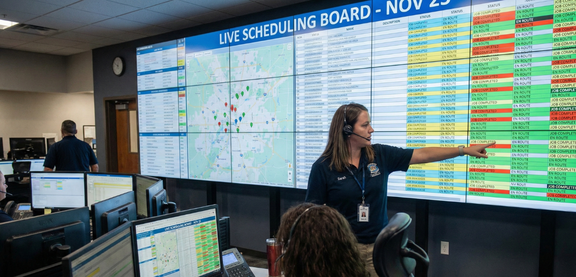 Field service scheduling board showing technician availability and job assignments