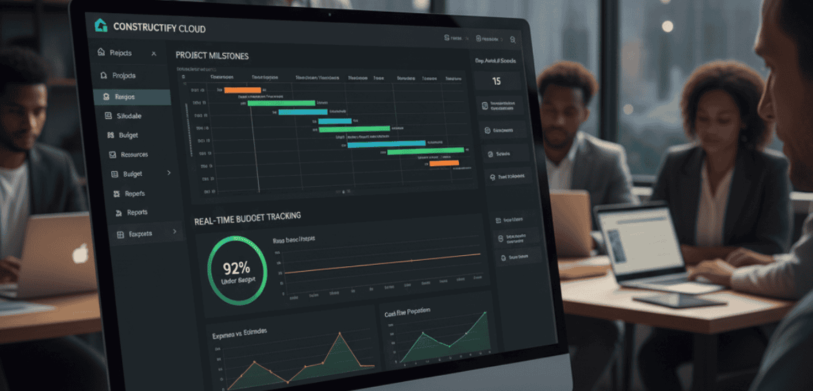 Cloud construction management dashboard displaying real-time project milestones and budget tracking.