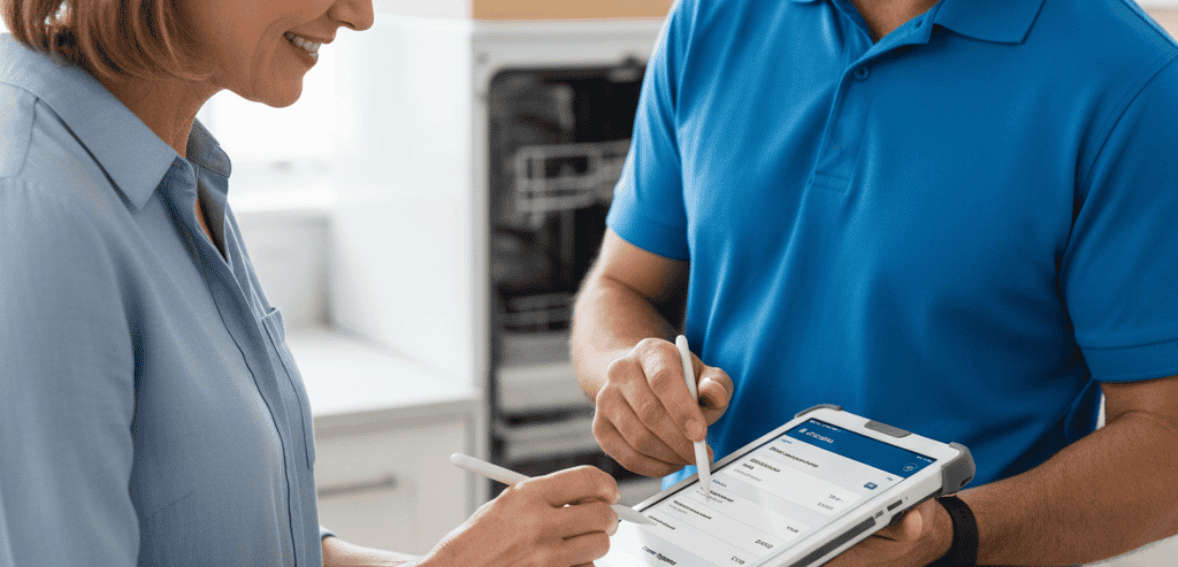 Technician collecting customer signature using a field service mobile app to eliminate paperwork.