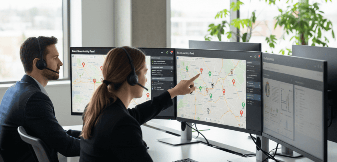 Dispatch team monitoring real-time technician activity via field service mobile app dashboard.