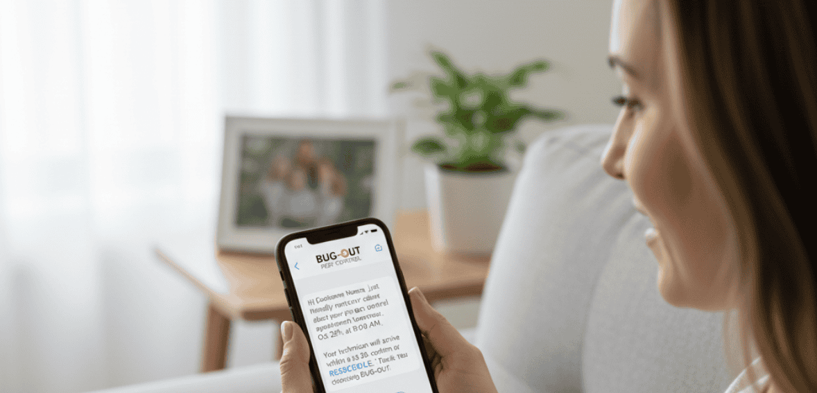 Customer receiving automated appointment notifications sent through pest control scheduling software.