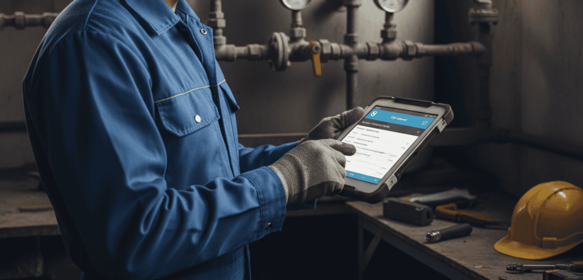 Technician using offline-capable field service mobile app at a low-connectivity site.