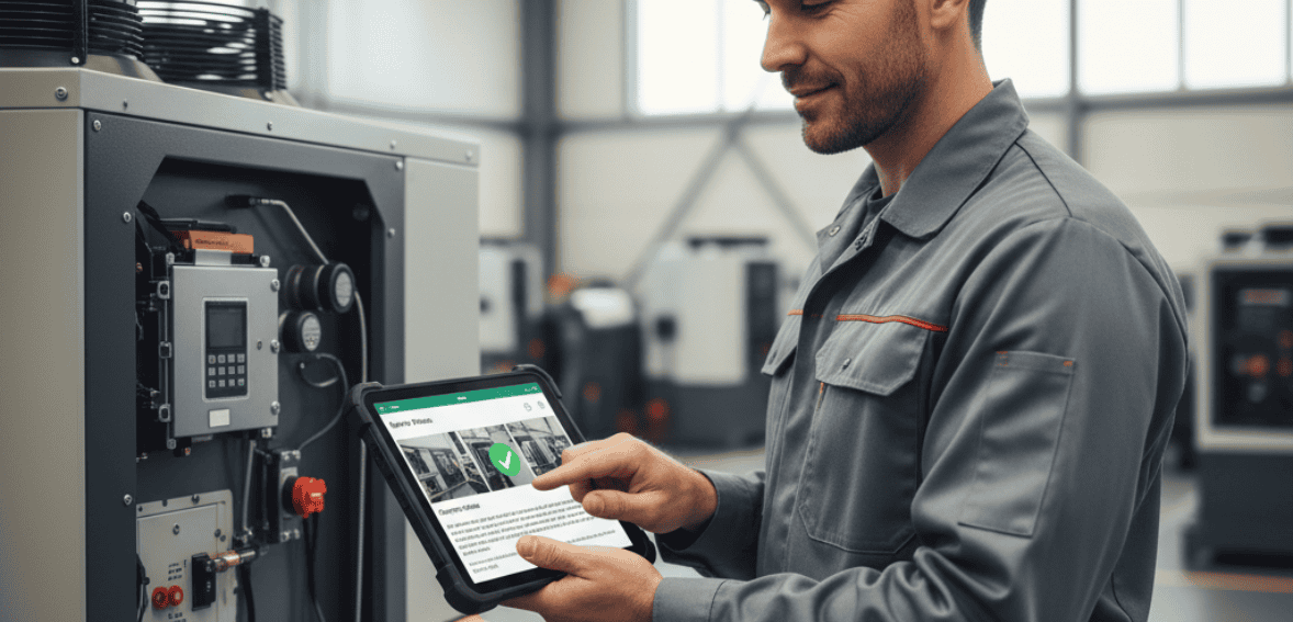 Technician uploading service photos and completion notes through a field service mobile app.
