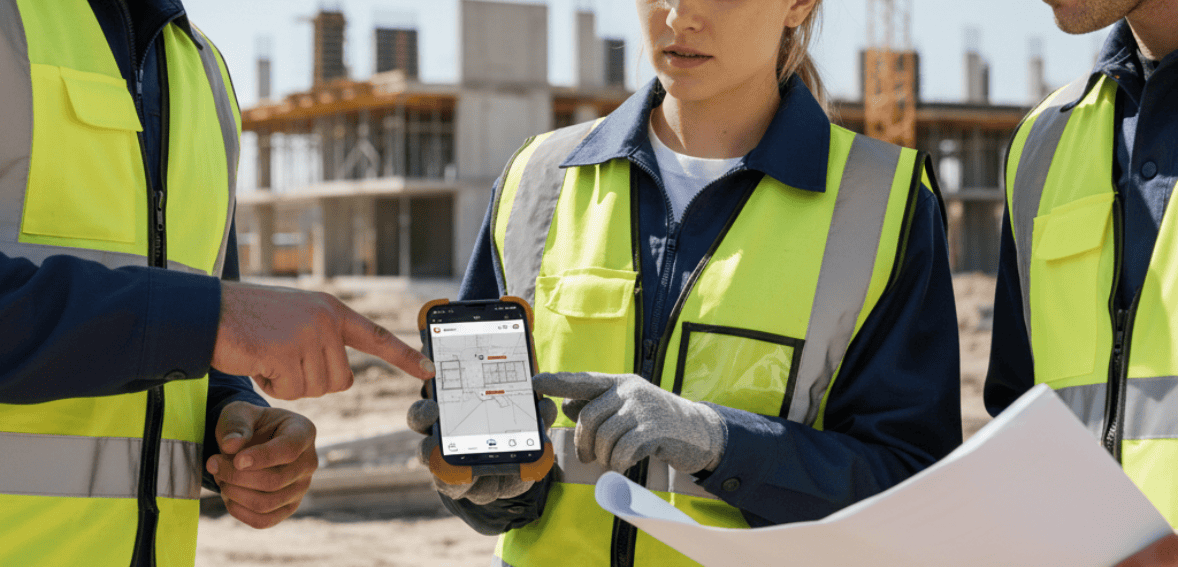 Field crews accessing real-time construction updates using cloud construction management.