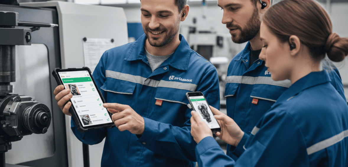 Field technicians collaborating and sharing updates via field service mobile app.
