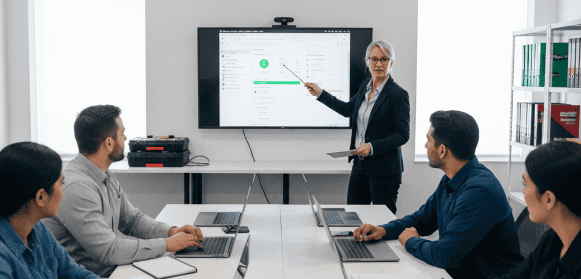 Technicians improving skills and software knowledge during off-season training.