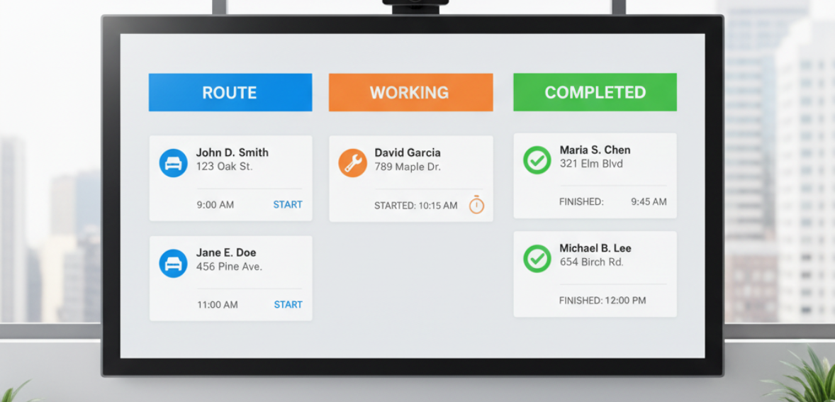 plumbing dispatch software displaying technician status to reduce idle time and scheduling conflicts.