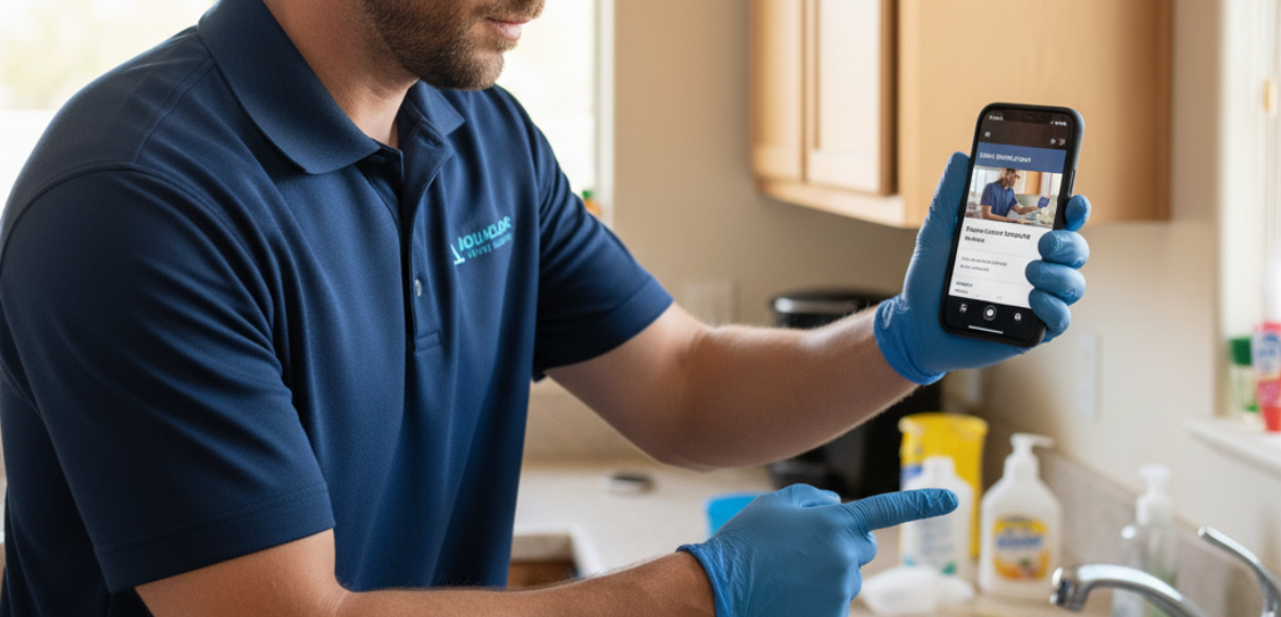 technician recording job details digitally through plumbing dispatch software instead of paperwork.