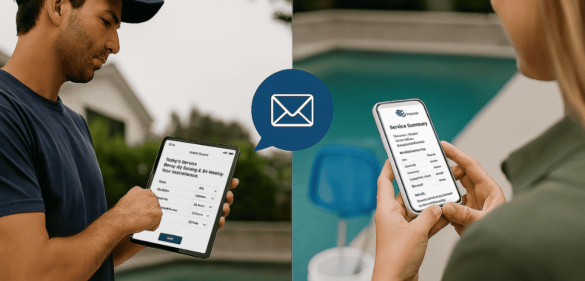 customers receiving instant digital service summaries through pool service scheduling software.