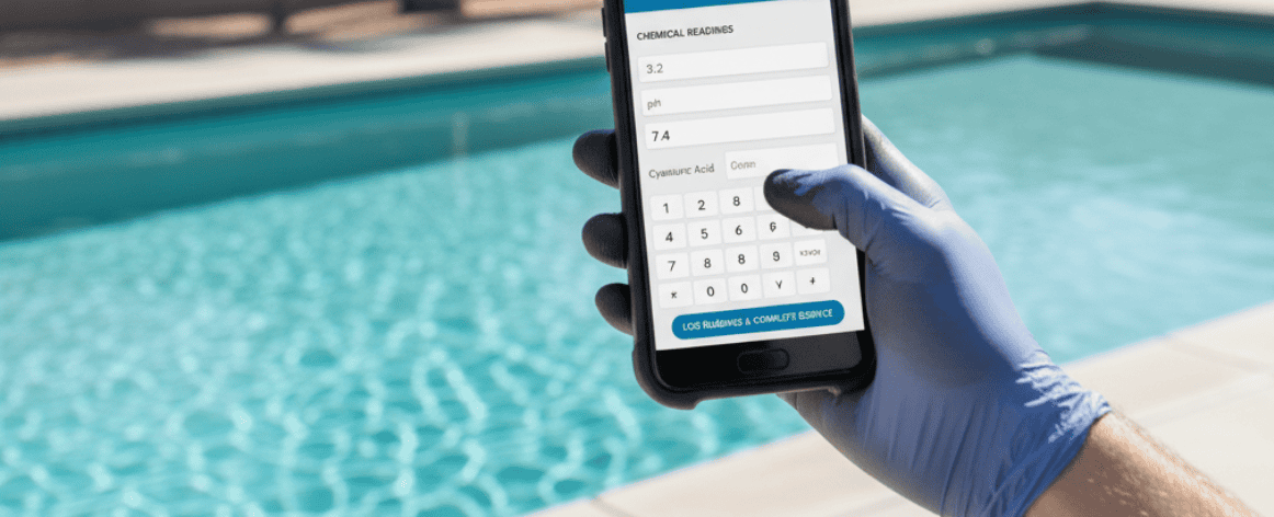 technician logging pool chemical readings in pool service scheduling software mobile app.