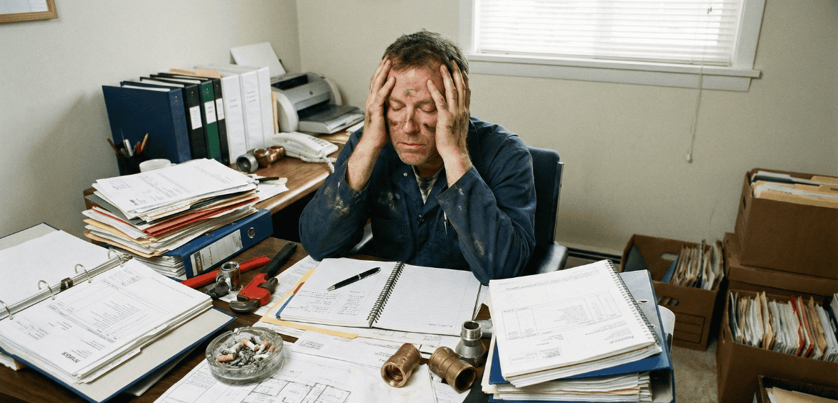Plumbing business owner struggling with paperwork before adopting plumbing business software