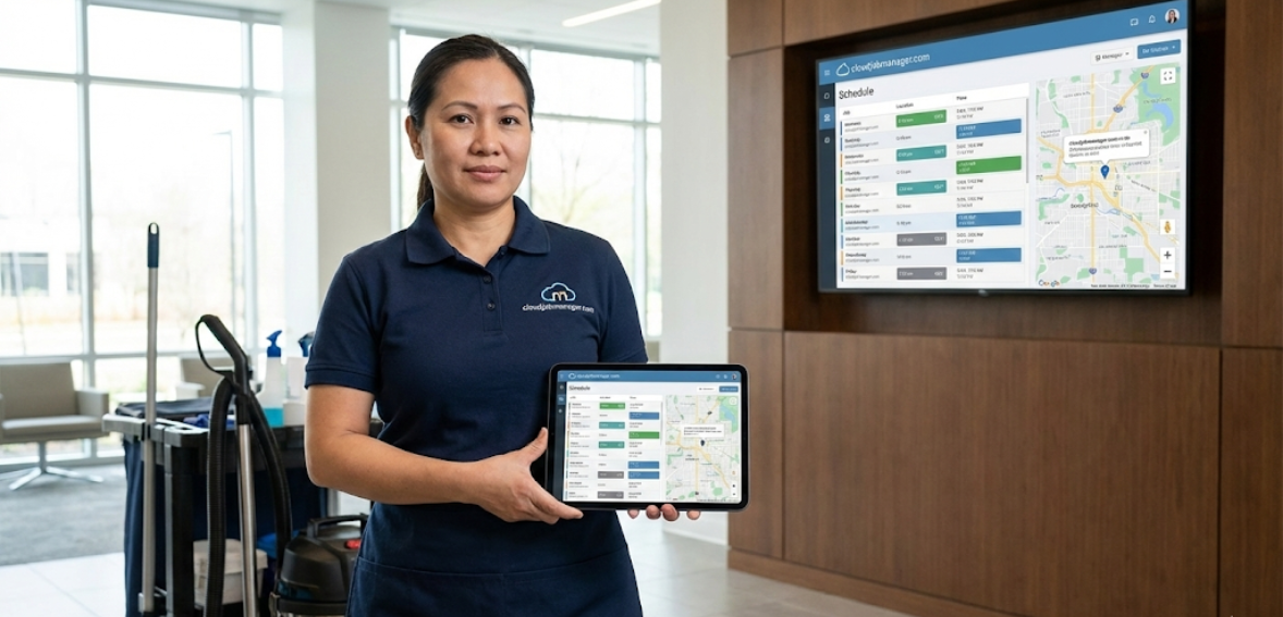 Cleaner checking digital cleaning business scheduling app before work.