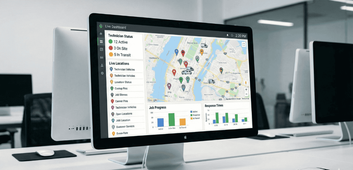Cloud-based HVAC dispatch system with real-time GPS technician tracking.