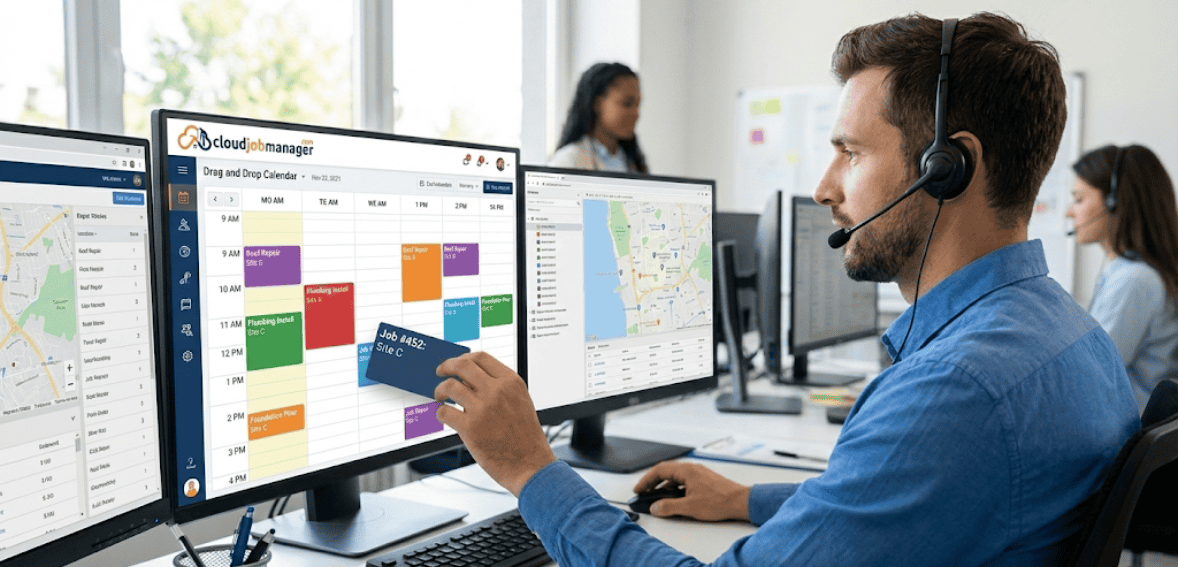 Cleaning service dispatcher using scheduling software to prevent overlaps and delays.