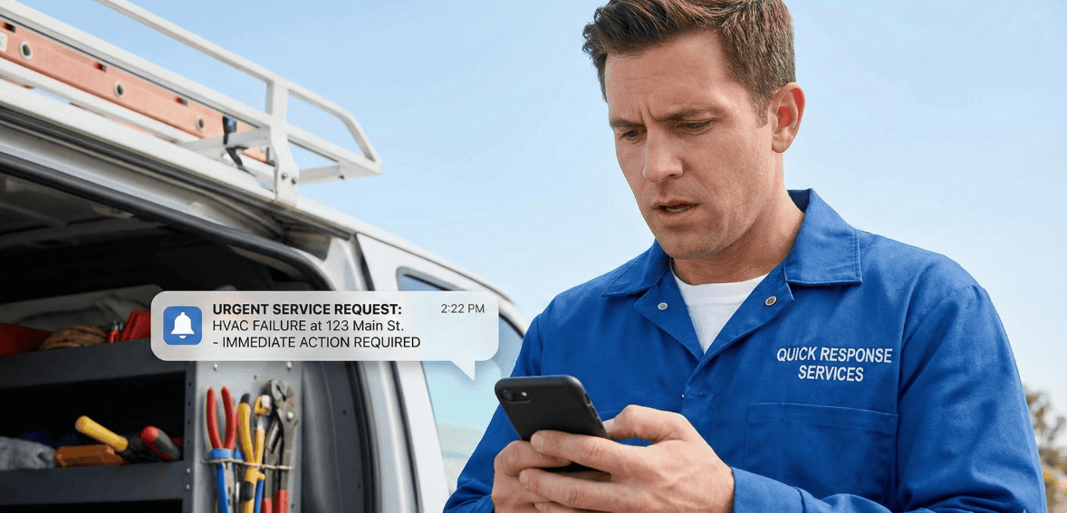 HVAC emergency dispatch notification alert on mobile scheduling app.