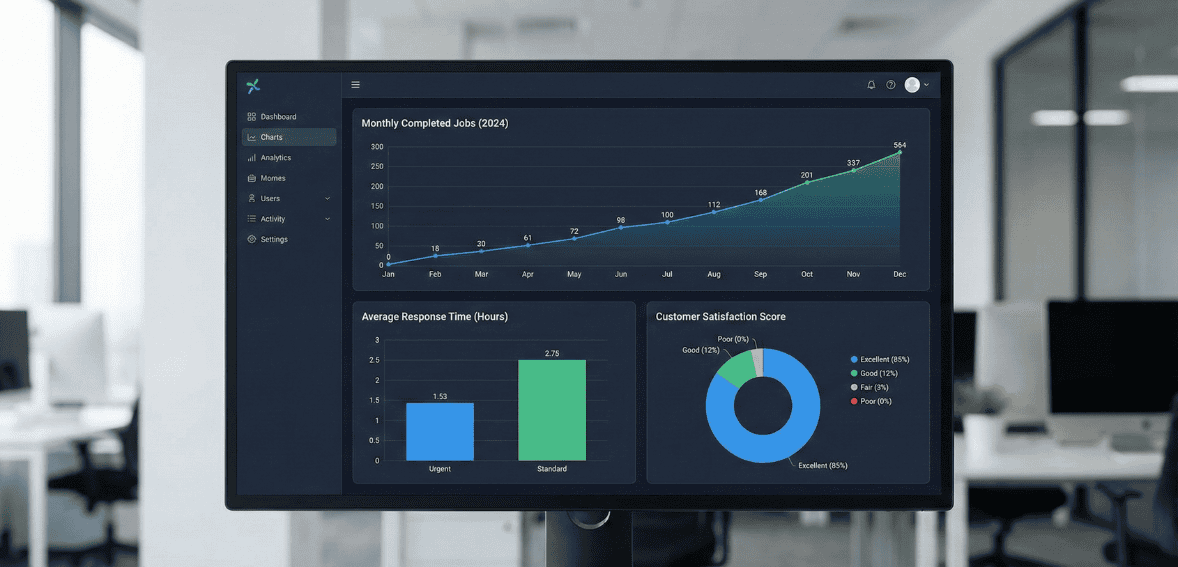 HVAC scheduling analytics dashboard showing performance and efficiency metrics.
