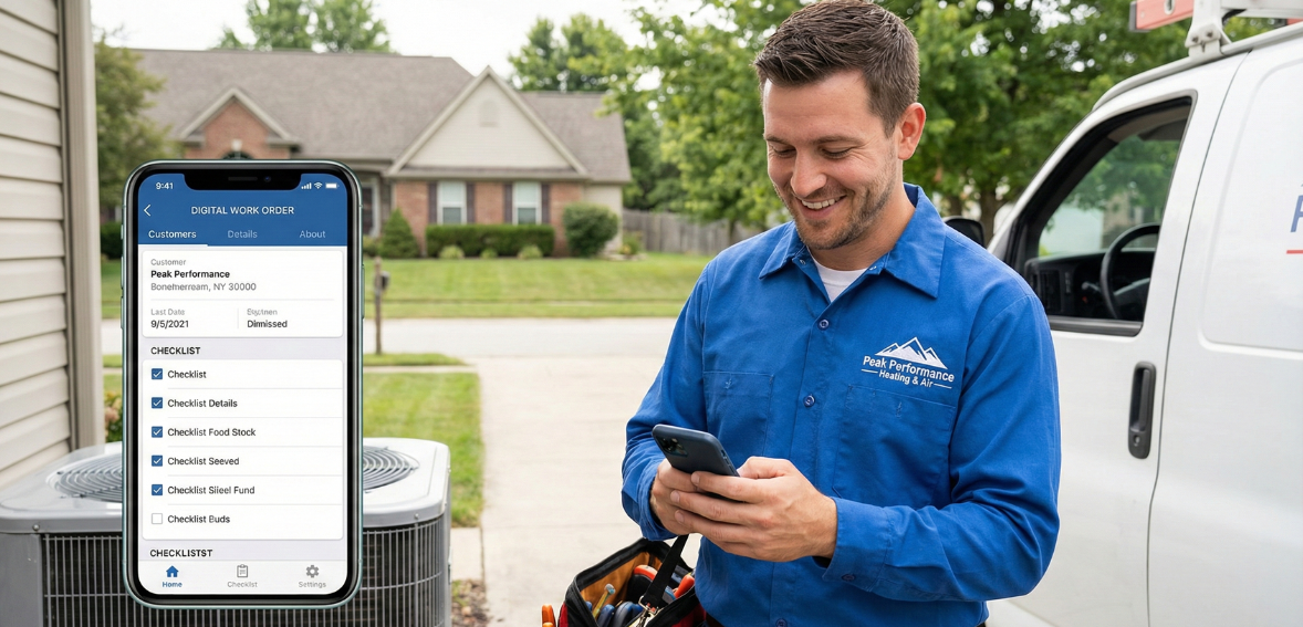 HVAC technician using mobile scheduling app to improve productivity and workflow.