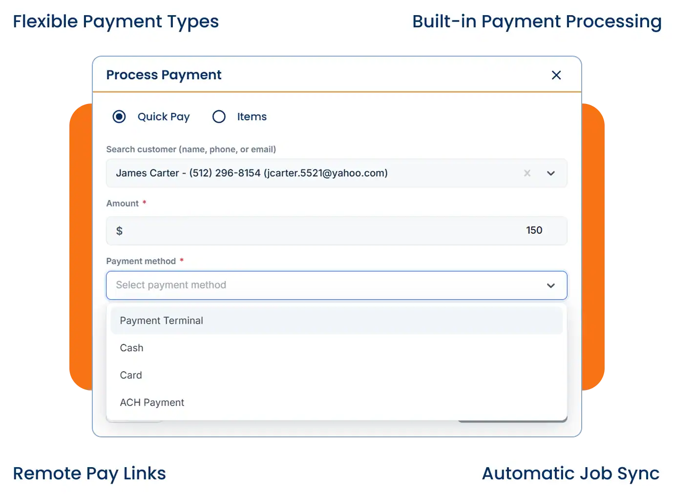 Process payment screen with card, ACH and payment terminal options