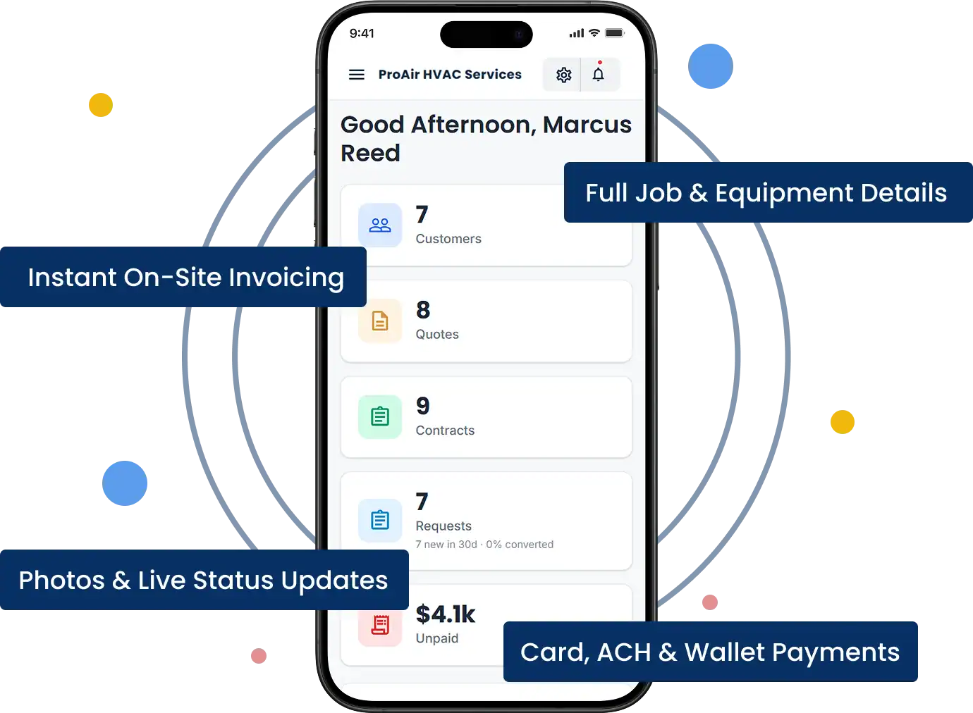 Mobile app dashboard with customers, quotes, contracts and unpaid invoices