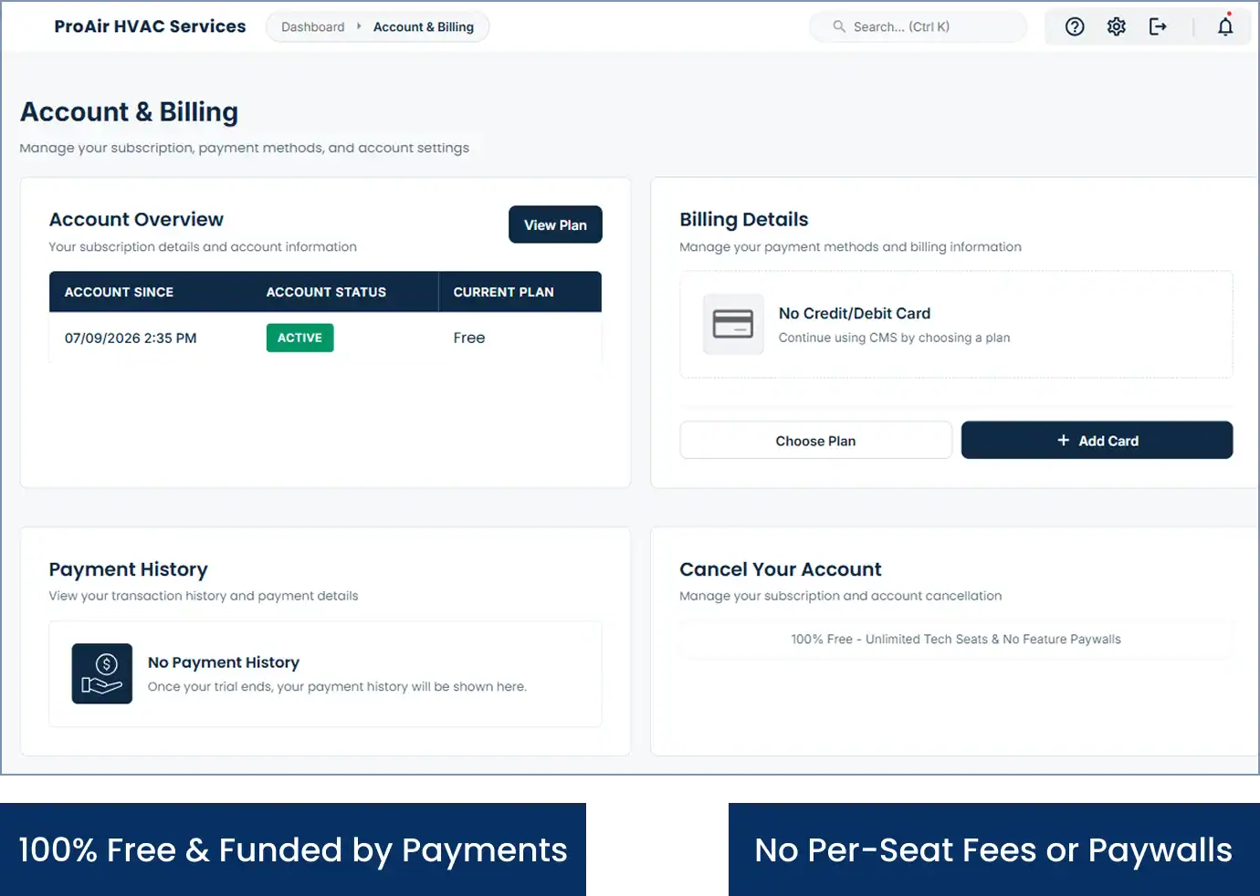 Account and billing screen showing the free plan with no per-seat fees
