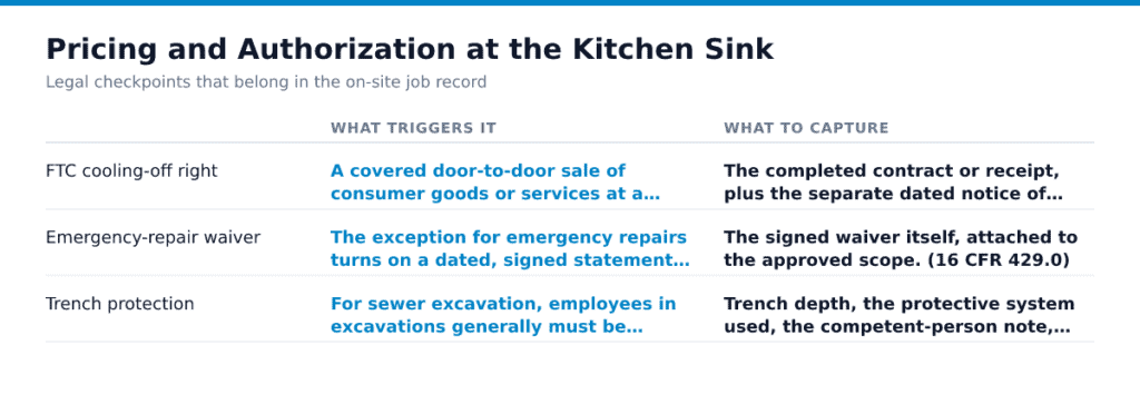 Pricing and Authorization at the Kitchen Sink. What triggers it versus What to capture compared on FTC cooling-off right, Emergency-repair waiver, Trench protection. FTC cooling-off right: A covered door-to-door sale…